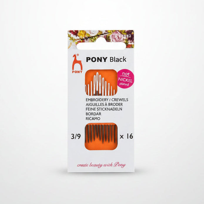 Pack of Pony Black embroidery needles on a white background