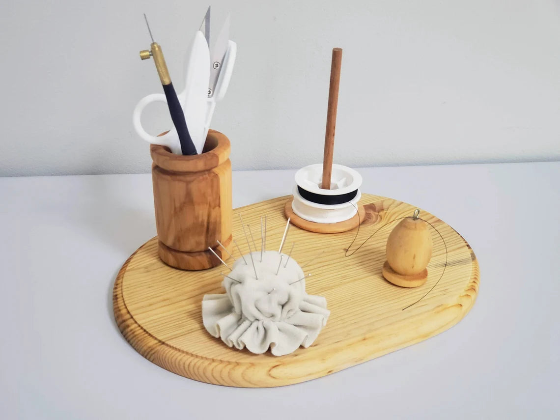 Spool holder with Pincushion Scissor and pincushion, Luneville hook. Stand for Hand Tambour Embroidery Supplies