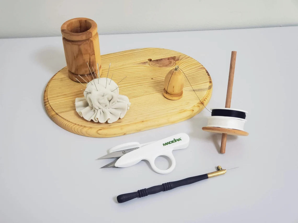 Spool holder with Pincushion Scissor and pincushion, Luneville hook. Stand for Hand Tambour Embroidery Supplies